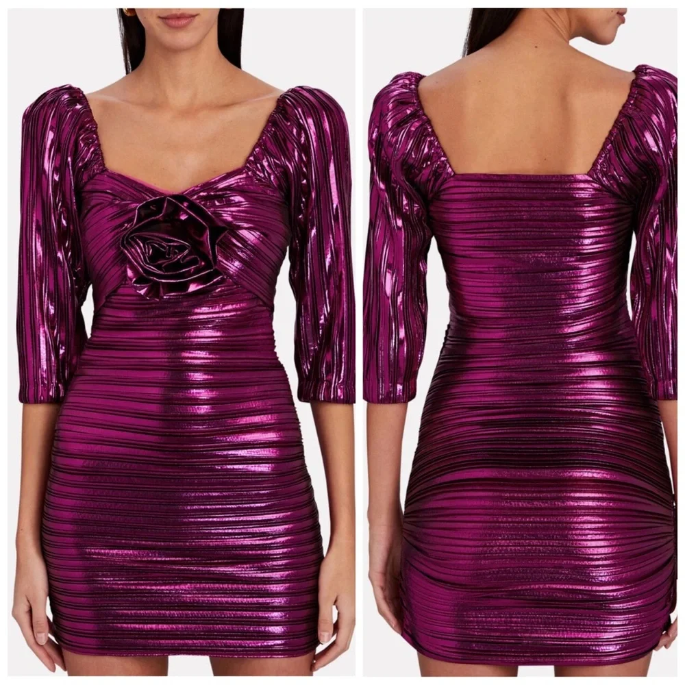 •LOVESHACKFANCY• Thompson Rose Appliqué Metallic Minidress in Fuchsia‎ Size 0 - Picture 12 of 15